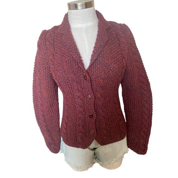 Carlisle Made In Italy Wool Cable Knit Cardigan Sweater In Burgundy - Picture 1 of 6